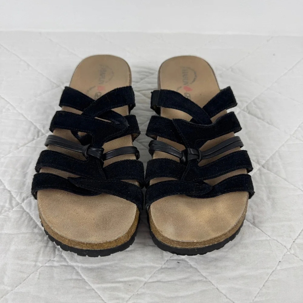 Haflinger‎ Black Suede Leather Strappy Cork Slide Sandals Womens 38 US 7